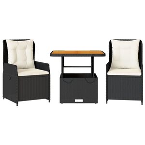 vidaXL Set da Bistr&ograve; 3 pz con Cuscini Nero in Polyrattan