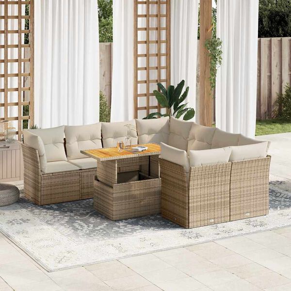 vidaXL Set Divano da Giardino 9 pz con Cuscini Beige in Polyrattan