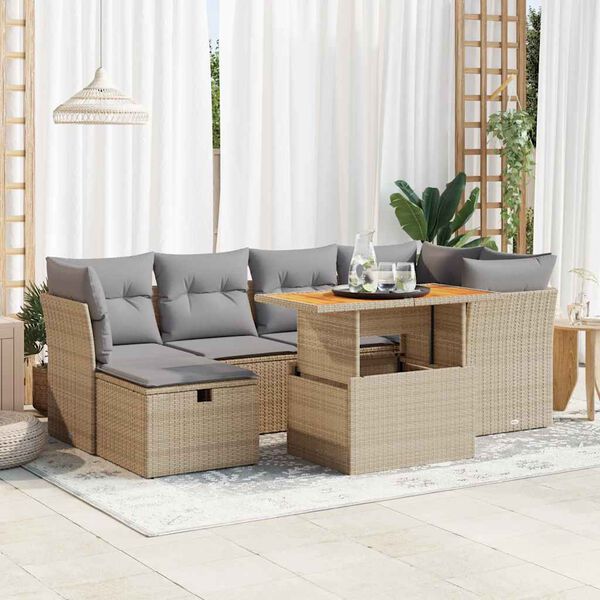vidaXL Set Divani da Giardino 7 pz con Cuscini Beige Polyrattan Acacia