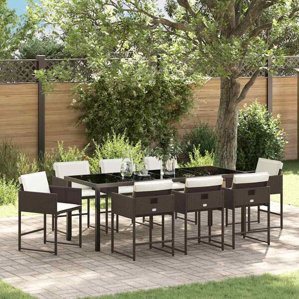 vidaXL Set da Pranzo per Giardino con cuscino 9 pcs Marrone polyrattan