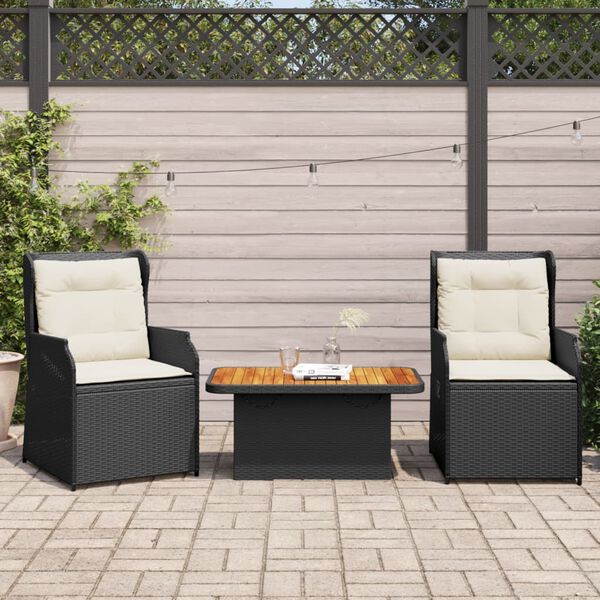 vidaXL Set Divani da Giardino 3 pz con Cuscini Nero in Polyrattan