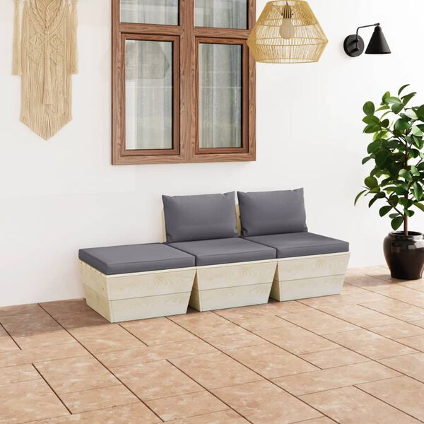 vidaXL Set Divani da Giardino su Pallet 3 pz con Cuscini Legno Abete