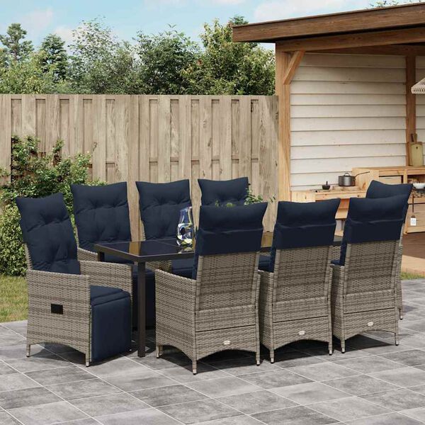 vidaXL Set di tavolo e sedie con cuscino 9 pcs Grigio Rattan in PE