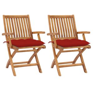 vidaXL Sedie pieghevoli, 2 pezzi, con cuscini rossi, in legno massello di teak.