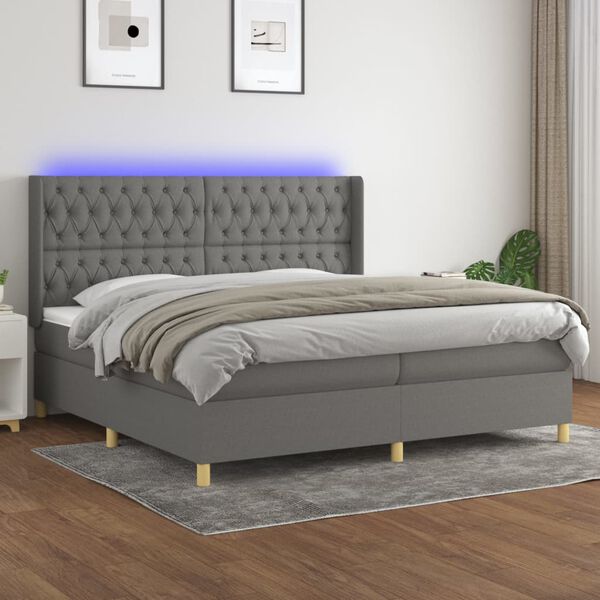 vidaXL Letto a Molle Materasso e LED Grigio Scuro 200x200cm in Tessuto