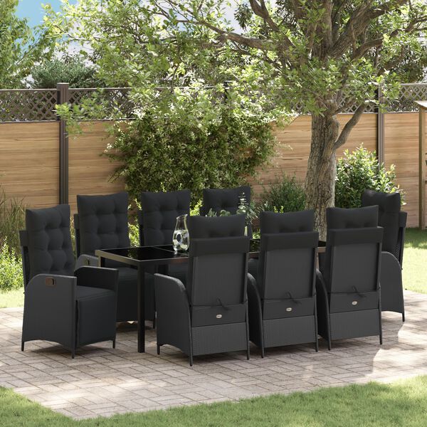 vidaXL Set da Pranzo per Giardino con cuscino 9 pcs Nero polyrattan
