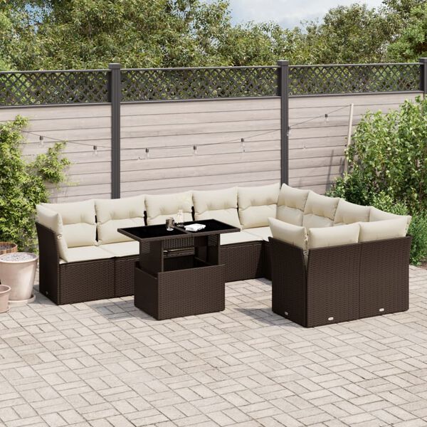 vidaXL Set Divani da Giardino 10pz con Cuscini in Polyrattan Marrone