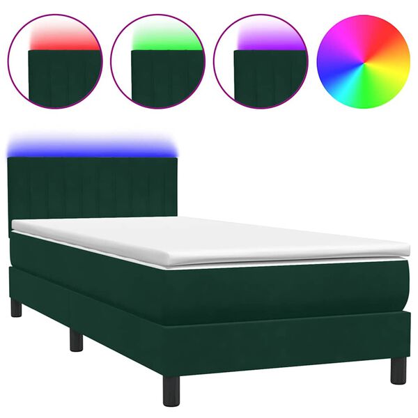 vidaXL Letto a Molle con Materasso e LED Verde Scuro 90x210 cm Velluto