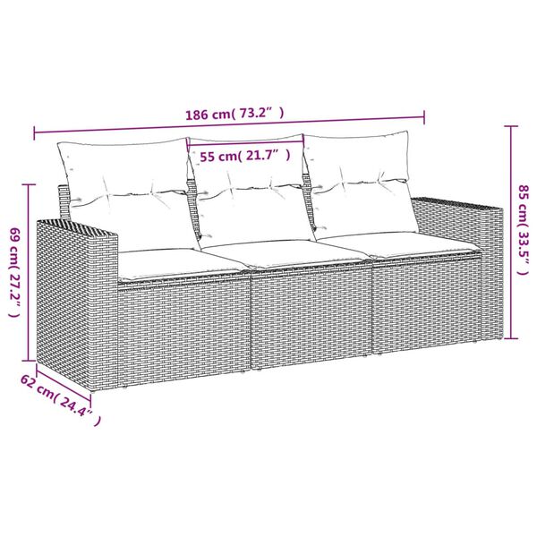 vidaXL Set Divano da Giardino 3pz con Cuscini Grigio Chiaro Polyrattan