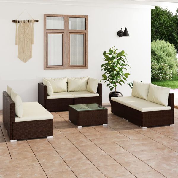 vidaXL Set Divani da Giardino 7 pz con Cuscini in Polyrattan Marrone