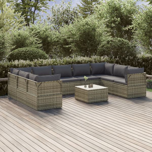 vidaXL Set Divani da Giardino 10 pz con Cuscini in Polyrattan Grigio