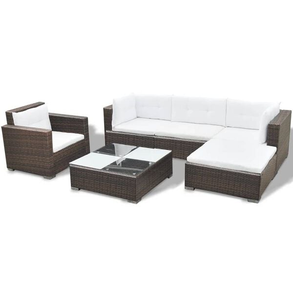 vidaXL Set Divani da Giardino 6 pz con Cuscini in Polyrattan Marrone