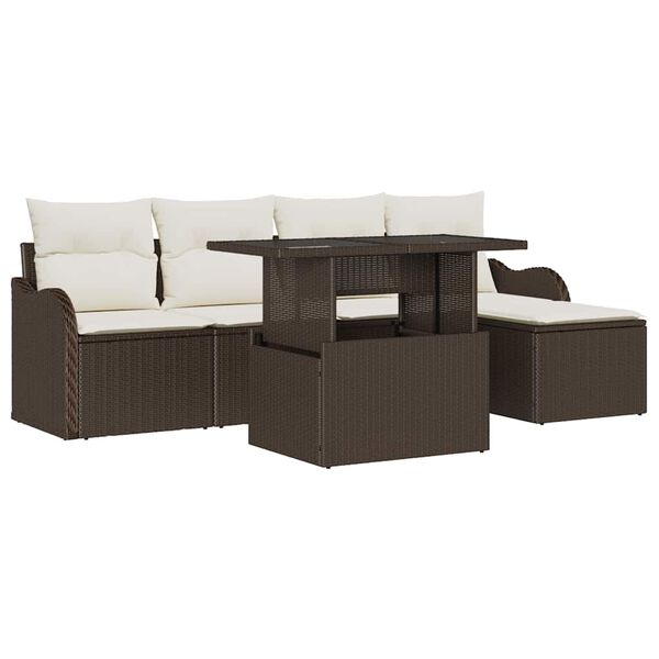vidaXL Set da esterno con cuscino 6 pcs Marrone Poly Rattan
