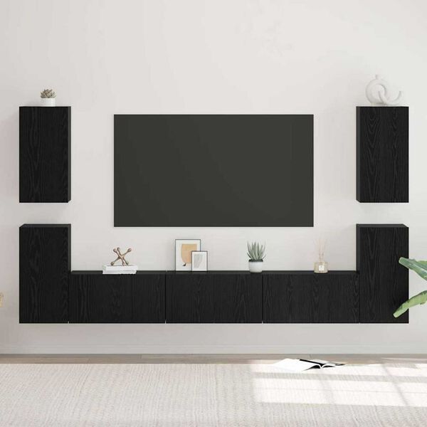 vidaXL Set mobile TV Montaggio a parete Rovere Nero Legno multistrato