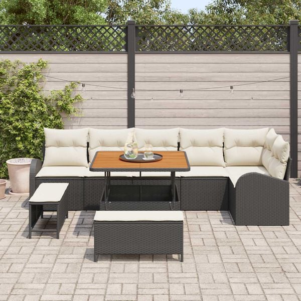 vidaXL Set Divano da Giardino con cuscino 9 pcs Nero e Crema