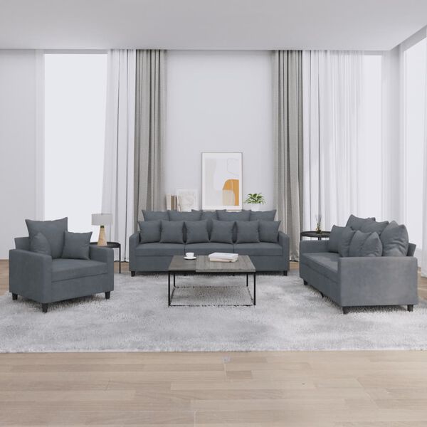 vidaXL Set di Divani 3 pz con Cuscini Grigio Scuro in Velluto