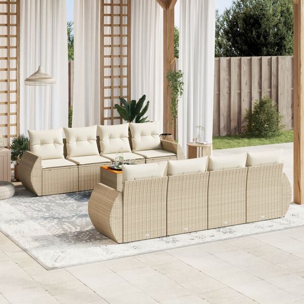 vidaXL Set Divano da Giardino 9 pz con Cuscini Beige in Polyrattan