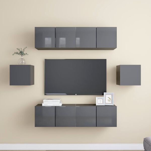 vidaXL Set Mobili TV 6 pz Grigio Lucido in Legno Multistrato