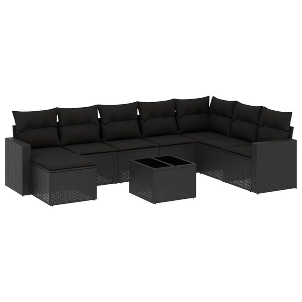 vidaXL Set Divani da Giardino 9 pz con Cuscini Nero in Polyrattan