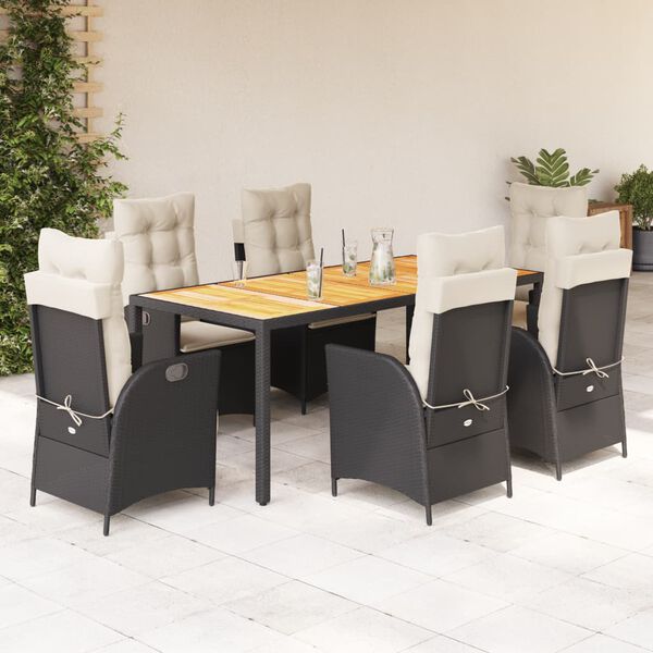 vidaXL Set da Pranzo da Giardino 7 pz Nero con Cuscini in Polyrattan