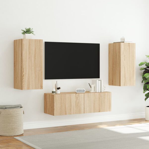 vidaXL Mobili TV a Muro 3pz con Luci LED Rovere Sonoma