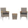 vidaXL Set da Bistr&ograve; 3 pz con Cuscini Grigio Polyrattan e Vetro