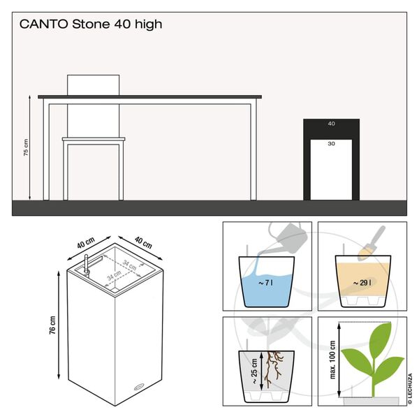 LECHUZA Fioriera CANTO Stone 40 LED High ALL-IN-ONE 40x40 Nero Grafite