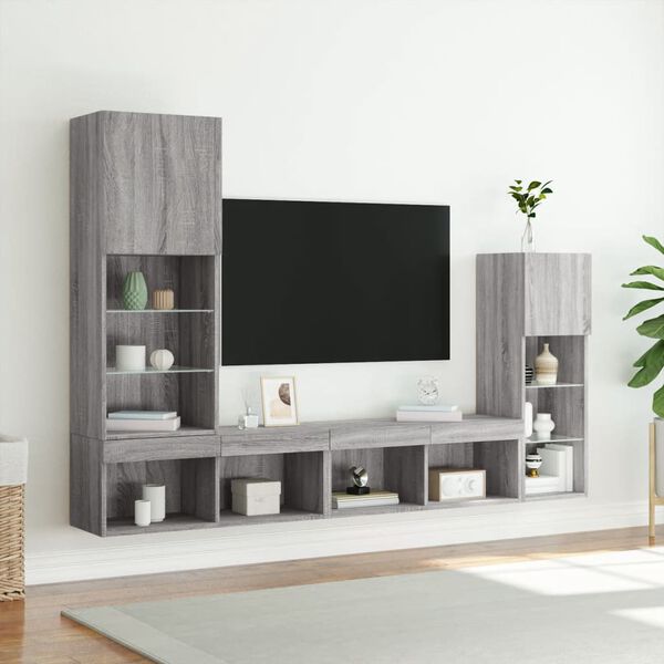 vidaXL Mobili TV a Muro con LED 4pz Grigio Sonoma in Legno Multistrato