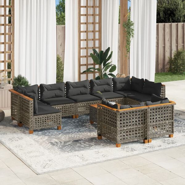 vidaXL Set Divano da Giardino 10 pz con Cuscini Grigio in Polyrattan