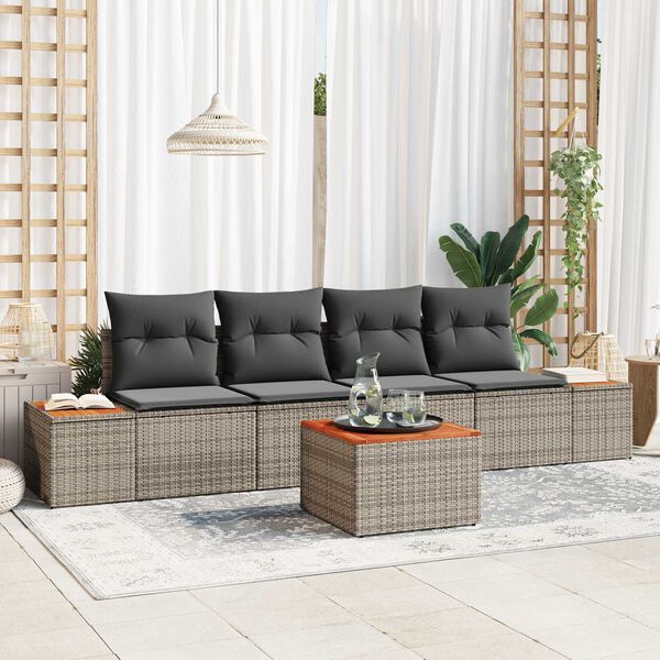 vidaXL Set Divano da Giardino con cuscino 5 pcs Grigio Poly Rattan