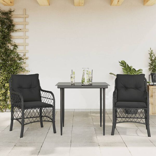 vidaXL Set da Bistr&ograve; 3 pz con Cuscini Nero in Polyrattan