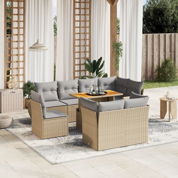 vidaXL Set Divano da Giardino 9 pz con Cuscini Beige in Polyrattan