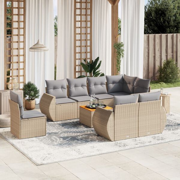 vidaXL Set Divano da Giardino 9 pz con Cuscini Beige in Polyrattan