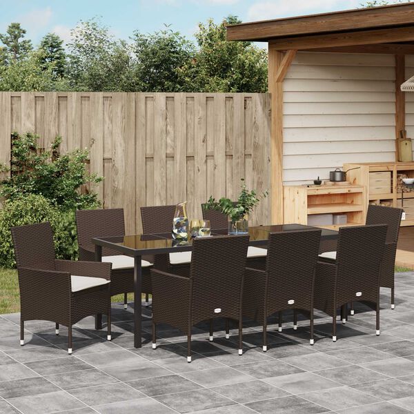 vidaXL Set da Pranzo per Giardino con cuscino 9 pcs Marrone polyrattan