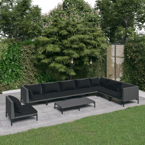 vidaXL Set Divani da Giardino 9 pz con Cuscini Polyrattan Grigio Scuro