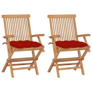vidaXL Sedie pieghevoli con cuscini rossi, 2 pezzi, in legno massello di teak.
