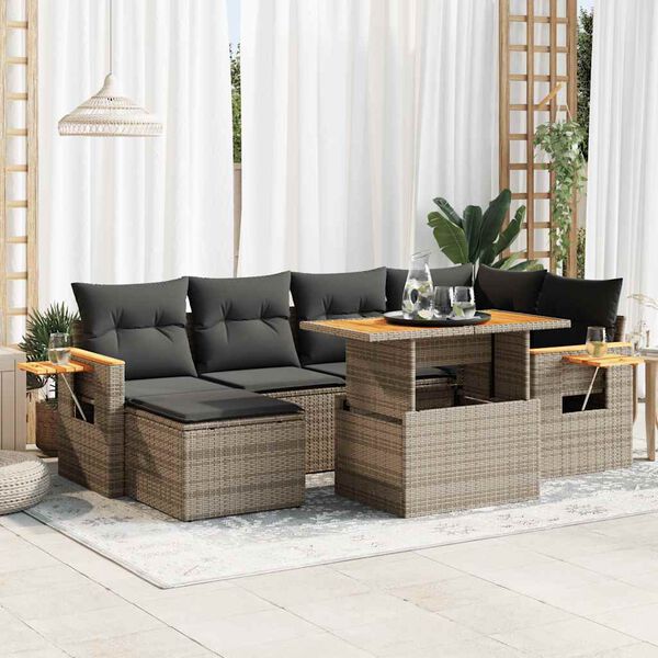 vidaXL Set Divani da Giardino 7pz con Cuscini Grigio Polyrattan Acacia
