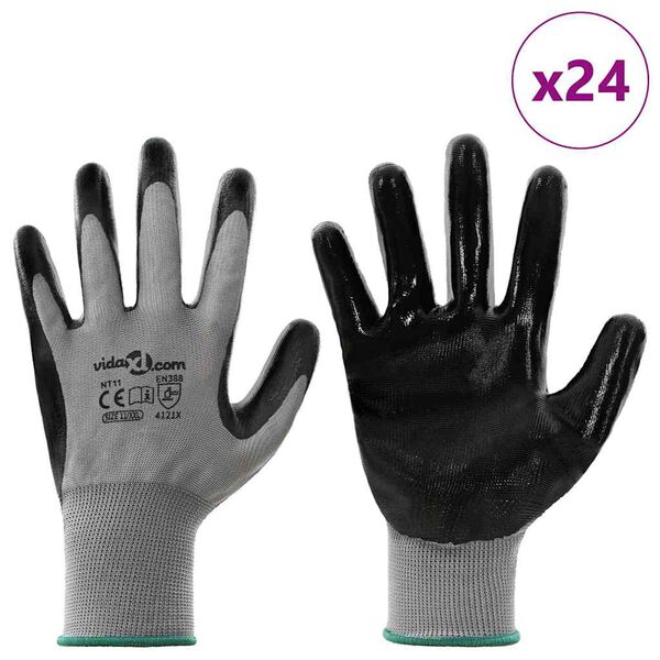 vidaXL Guanti da Lavoro 24 pcs Grigio e Nero 11 / XXL Poliestere