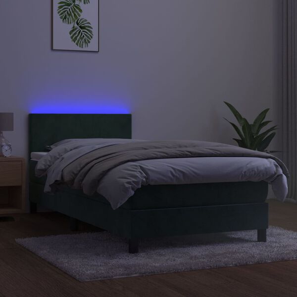 vidaXL Letto a Molle con Materasso e LED Verde Scuro 90x190 cm Velluto