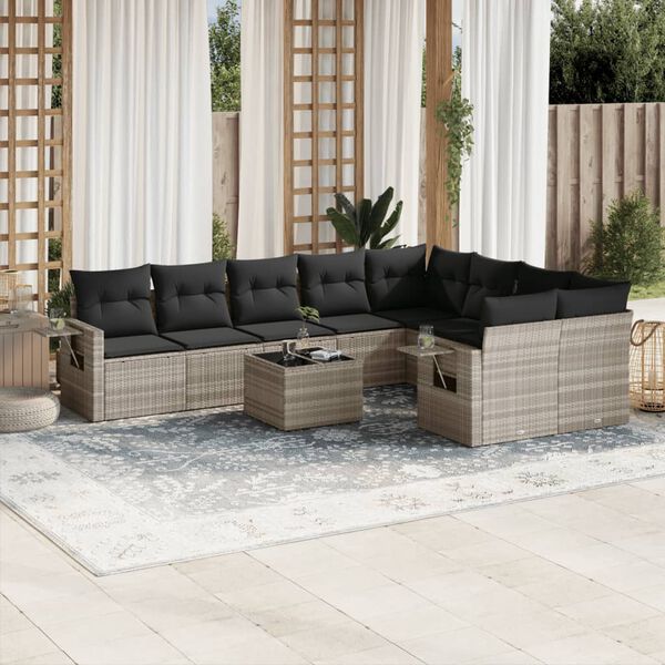 vidaXL Set Divano Giardino 10 pz con Cuscini Grigio Chiaro Polyrattan