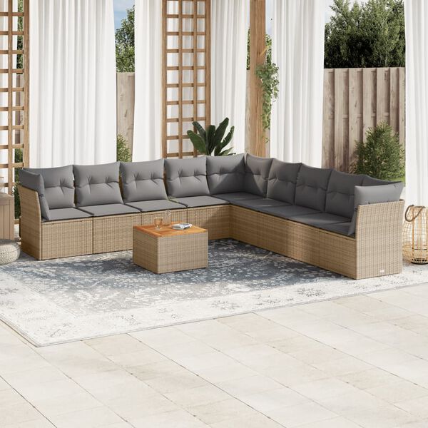 vidaXL Set Divano da Giardino 10 pz con Cuscini Beige Misto Polyrattan
