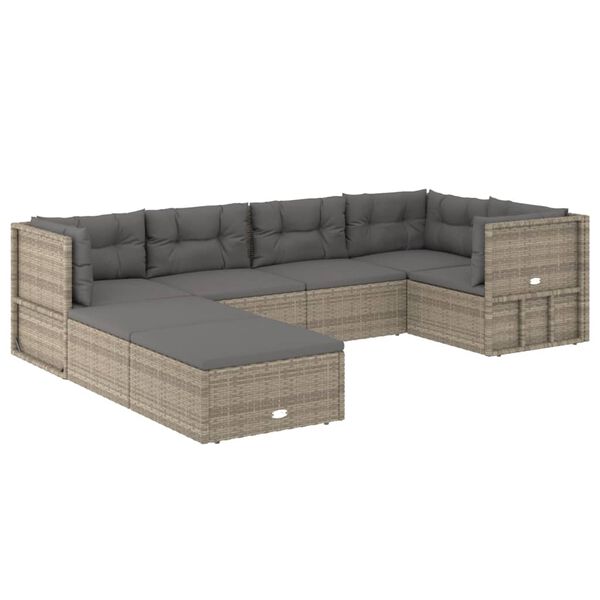 vidaXL Set Divani da Giardino 7 pz con Cuscini in Polyrattan Grigio