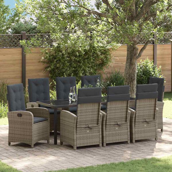 vidaXL Set da Pranzo per Giardino con cuscino 9 pcs Grigio polyrattan