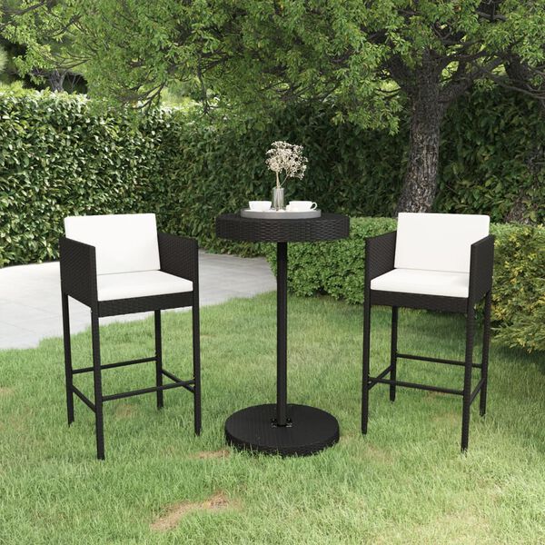 vidaXL Set Bar da Giardino 3 pz con Cuscini Polyrattan Nero