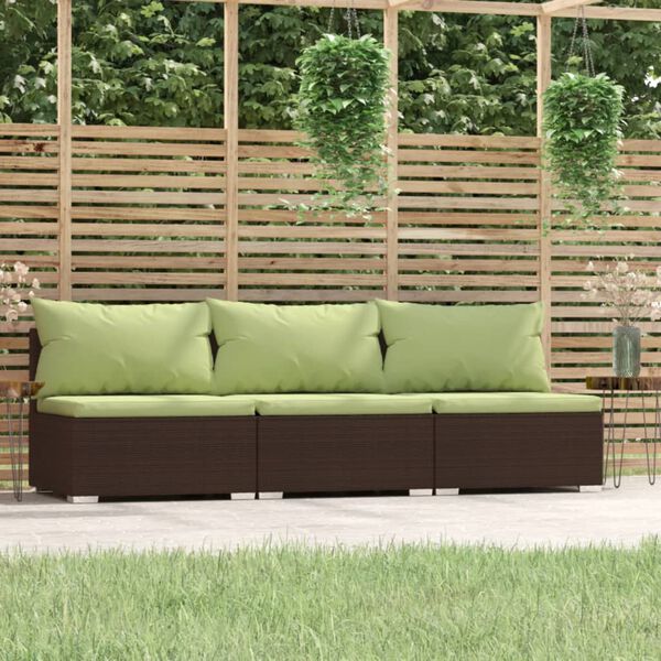 vidaXL Divano a 3 Posti con Cuscini in Polyrattan Marrone