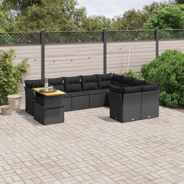 vidaXL Set Divani da Giardino 10pz con Cuscini in Polyrattan Nero