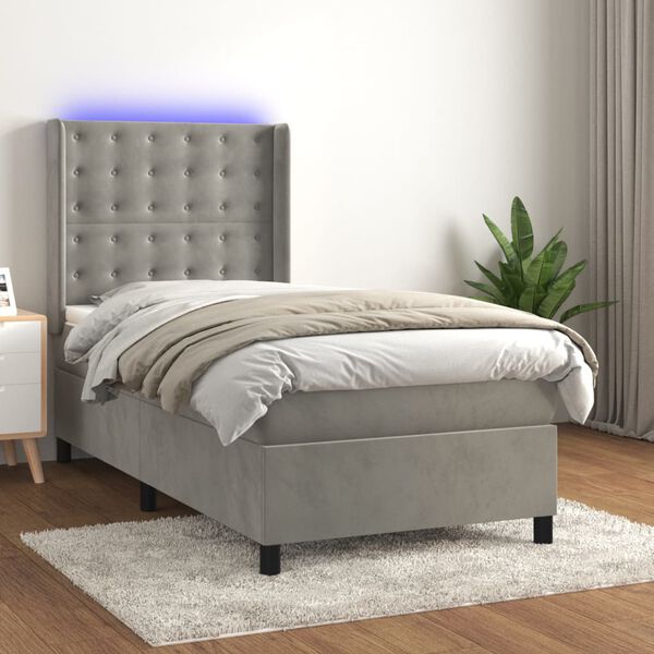 vidaXL Letto a Molle Materasso e LED Grigio Chiaro 80x200 cm Velluto