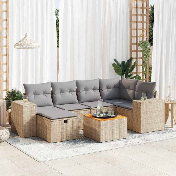 vidaXL Set Divani da Giardino 7 pz con Cuscini Beige in Polyrattan