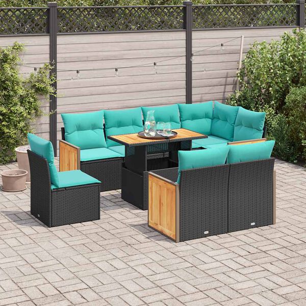 vidaXL Set Divani da Giardino 9 pz con Cuscini Nero Polyrattan Acacia