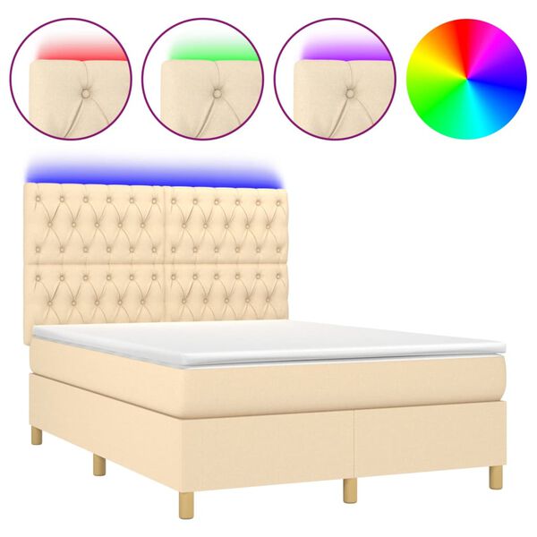 vidaXL Letto a Molle con Materasso e LED Crema 140x190 cm in Tessuto